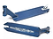The Apex Pro Nils Qvarford Blue Signature Stunt Scooter Deck, measuring 5" x 19.3", showcases intricate white decals on its underside, with views from two angles. One angle highlights the top featuring the clamp and headtube, while the other displays its detailed design. This deck seamlessly combines style and performance, drawing inspiration from world champion Nils Qvarford's signature model.
