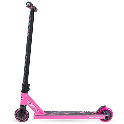 The Madd Gear MG 1 Raven Complete Stunt Scooter in pink and black features a durable aluminium deck, two small wheels, a tall handlebar, and the Madd Gear (MGP) brand on the textured deck for lightweight performance.