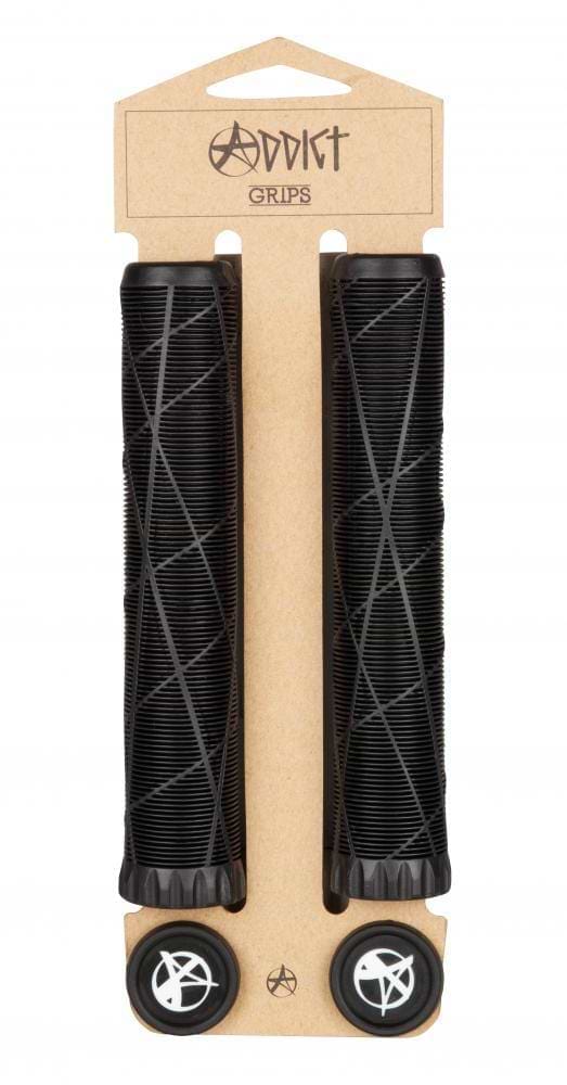 Addict OG Black Stunt Scooter Grips - 180mm by Addict feature a crisscross pattern, super soft TPR for comfort, and come with two bar end plugs displaying the Addict logo. Displayed on brown cardboard.