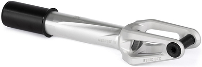 A raw Ethic DTC Merrow V3 8/12STD HIC Stunt Scooter Fork by Ethic, featuring a black axle bolt, black cylindrical top spacer, engraved text, and a sleek machined finish.