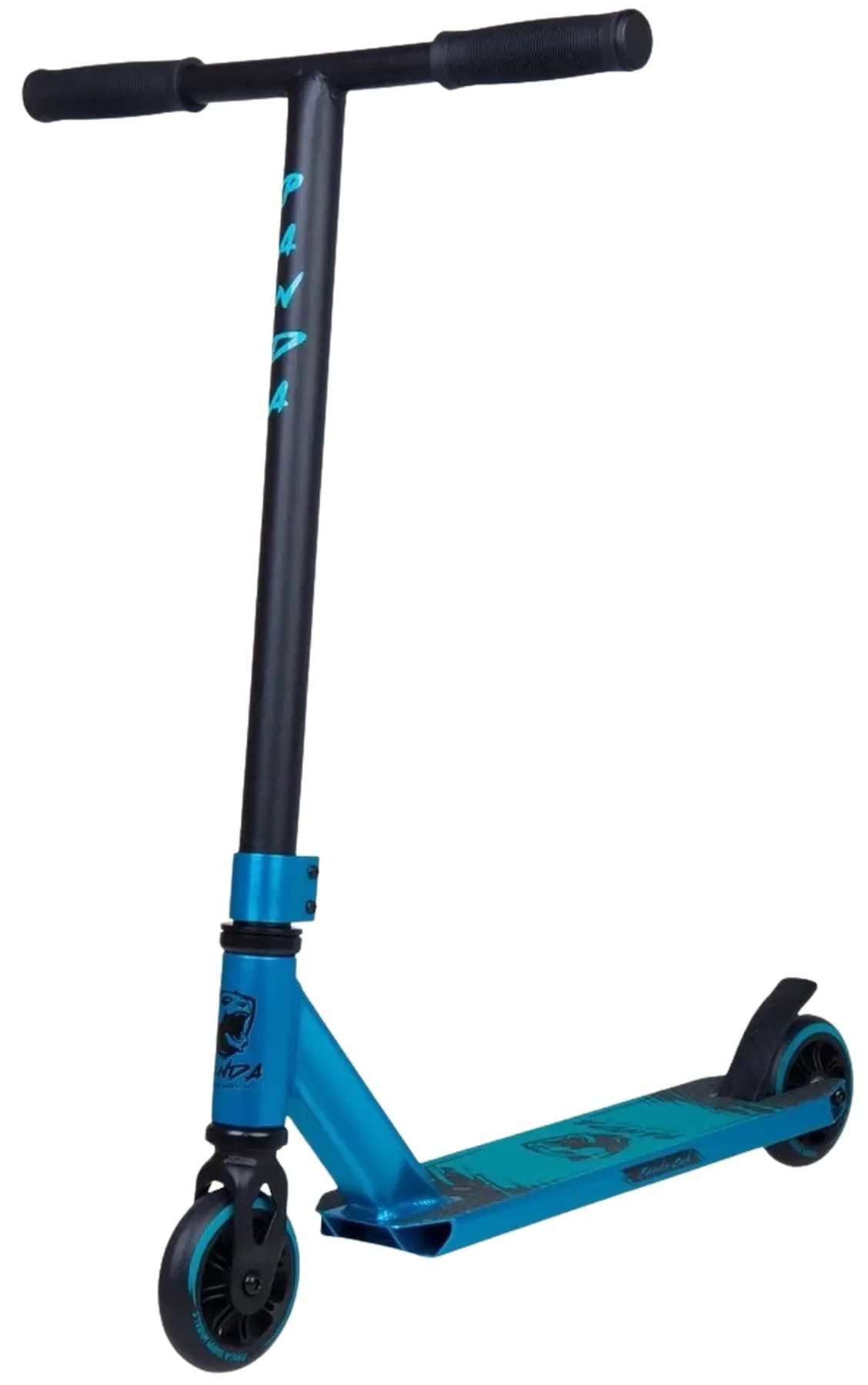 The Panda Cub Complete Stunt Scooter - Teal by Panda features a straight handlebar, small wheels, and a flat deck—ideal for junior riders wanting to learn tricks at the skatepark.