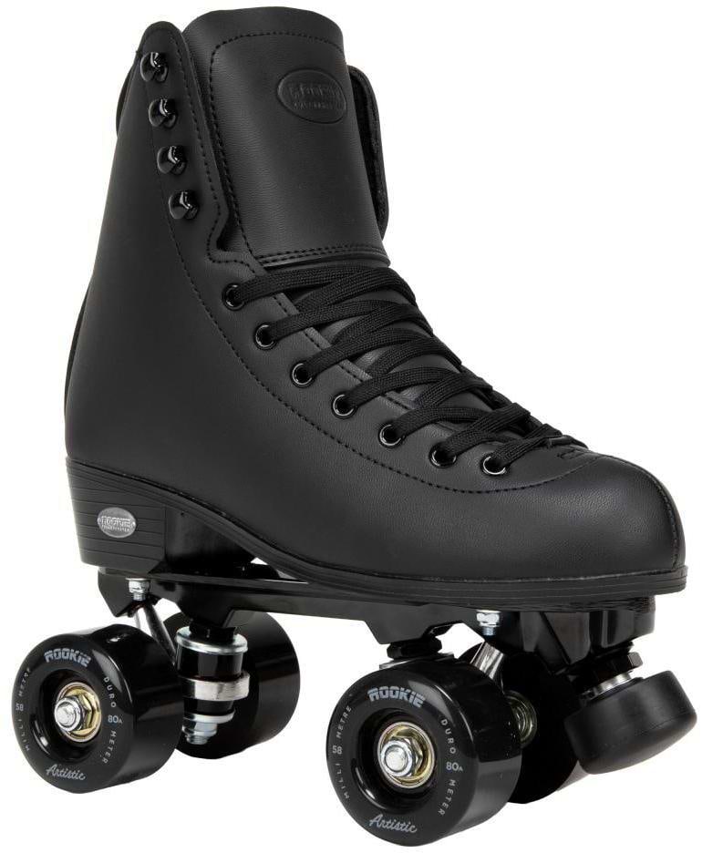 A Rookie Artistic Quad Roller Skate in black by Rookie, featuring a high vegan leather boot, black laces, black wheels, and ABEC-7 bearings, is shown against a white background.