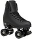 A Rookie Artistic Quad Roller Skate in black by Rookie, featuring a high vegan leather boot, black laces, black wheels, and ABEC-7 bearings, is shown against a white background.