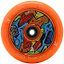 The Root Industries x KOTA Limited Edition AIR 110mm Stunt Scooter Wheel in orange features colorful abstract artwork with faces and patterns on the inner core, centered around a black bearing.
