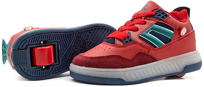 The Breezy Rollers Light Beam Shoes - Red / Blue are stylish sneakers with turquoise accents, shown with a retractable wheel and sole, designed by Breezy Rollers for skating fun.