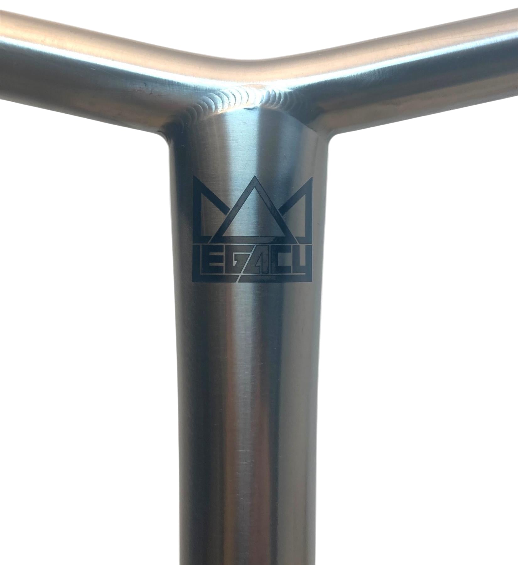 Close-up of the Legacy Bend Titanium Oversized HIC Stunt Scooter Bars—Chrome, 660mm x 600mm. A smooth welded metallic handlebar with a black Legacy logo and crown on the vertical bar, shown against a plain white background.