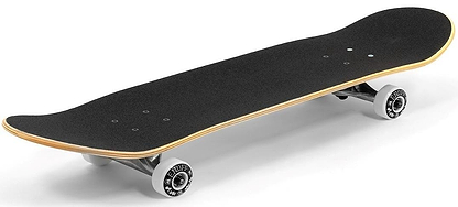 The Enuff Skully Hologram White Complete Skateboard 7.75" x 31.5" is an entry-level board with black grip tape, four white wheels, and metal trucks. It showcases a slightly raised tail and nose at a perspective angle against a light background.