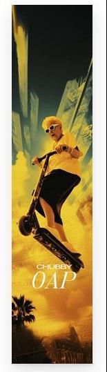 A helmeted rider in sunglasses jumps on a Chubby Stunt Scooter with Grandma Core griptape, set against a bold yellow and blue sky. The words “CHUBBY OAP” are displayed at the bottom of the image.