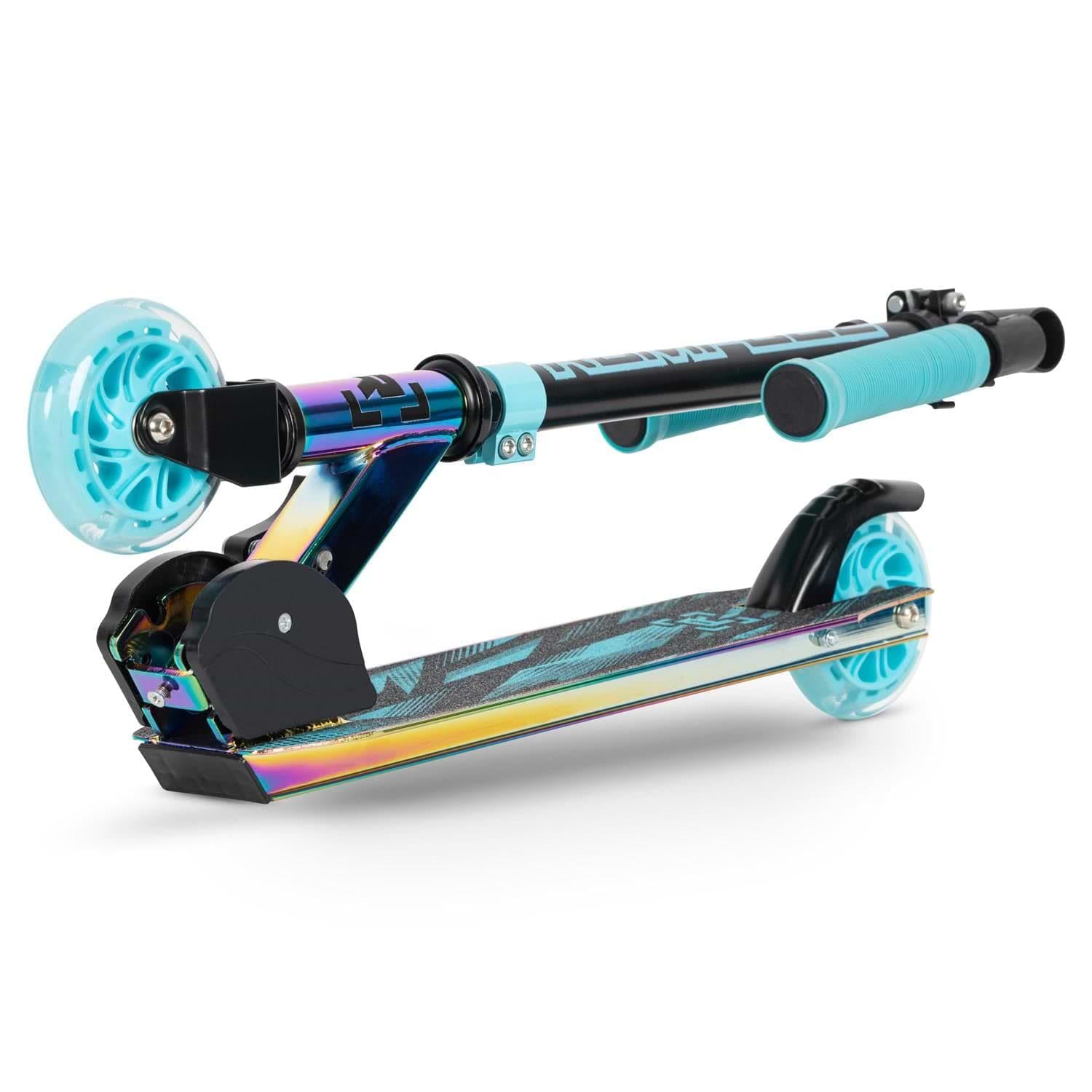 The Rampage Light Up Foldable Kick Scooter - Neochrome / Blue shown folded for easy carrying or storage.