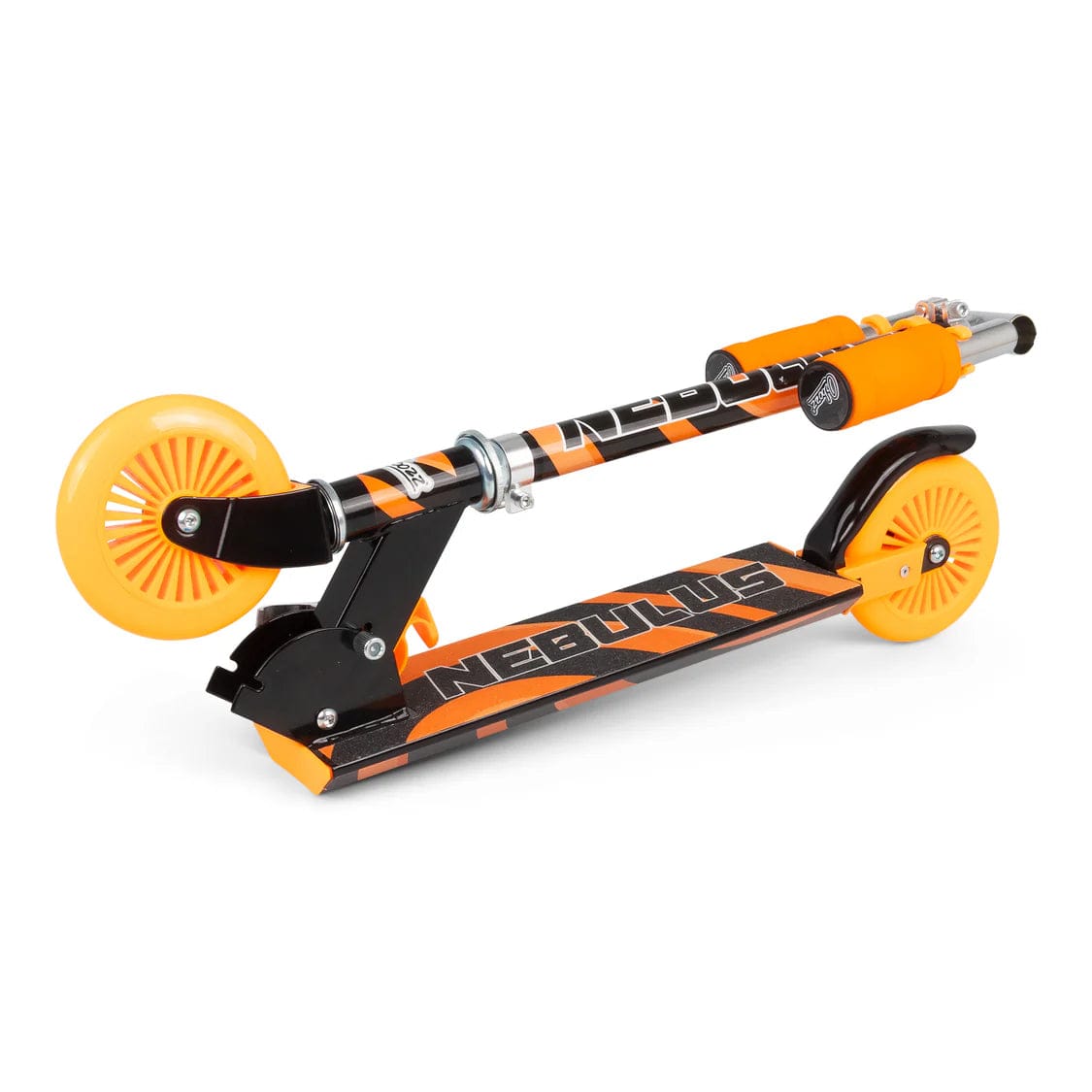 The Ozbozz Nebulus Foldable Kids Kick Scooter - Neon Orange by Ozbozz is shown folded, featuring an adjustable handlebar, neon orange wheels and foam grips, a black "NEBULUS" footboard, and a rear foot brake.