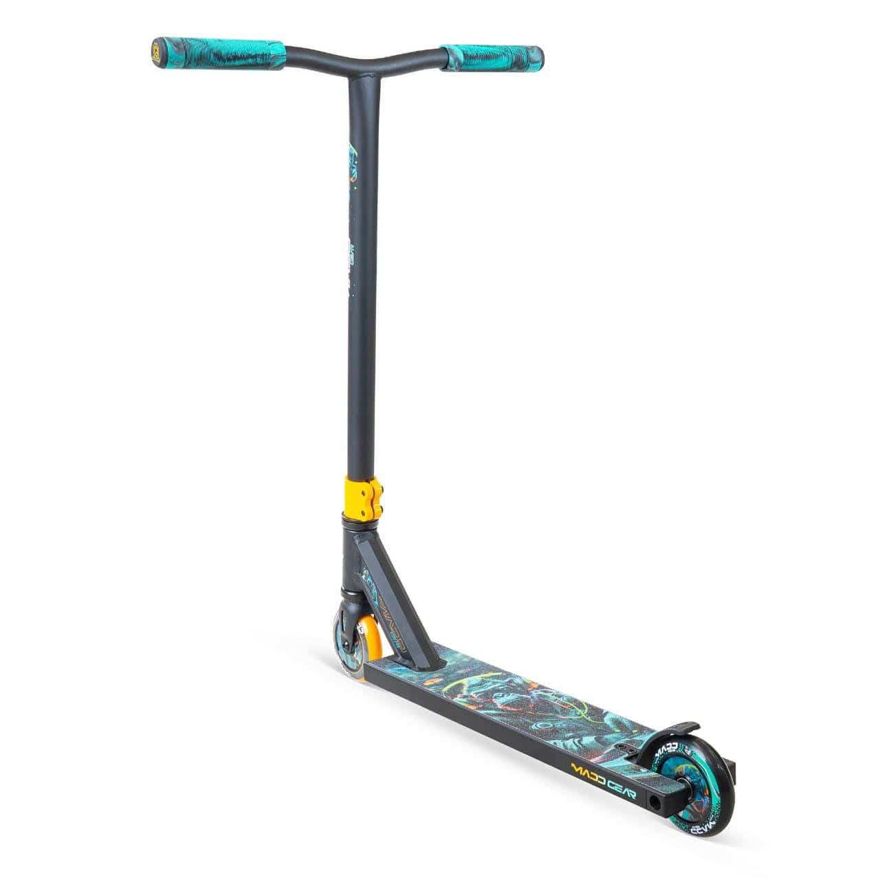 The Madd Gear MG 2 Obsidian Complete Stunt Scooter - DJ Rilla features a wide handlebar, yellow clamp, graphic deck, teal grips and wheels with ABEC-5 chrome bearings, all in black and teal by Madd Gear (MGP), shown on a white background.