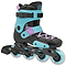 Check out the FR Skates Junior Adjustable Inline Skates - Luminous Black Pearl: a sleek black and turquoise design with four wheels, lavender laces, and a supportive ankle strap. Perfect for freeriders, it features X-Series frames and matching turquoise wheels with black accents.