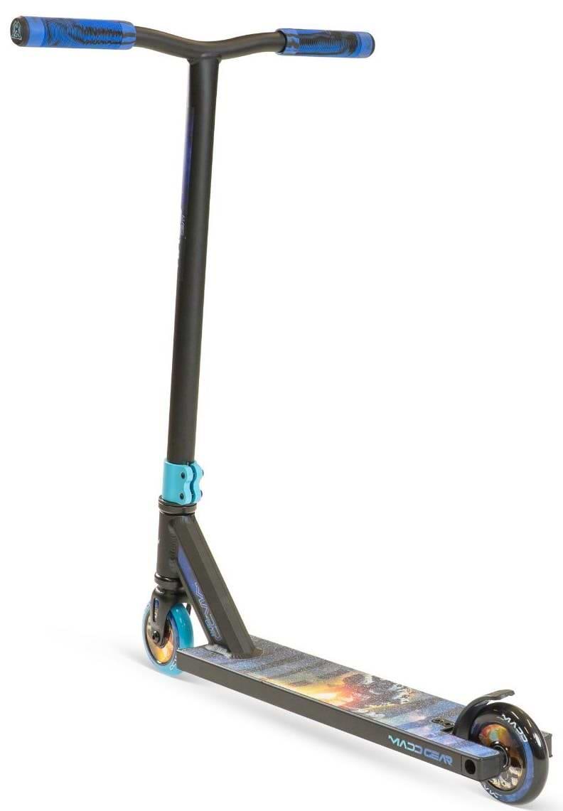 The Madd Gear MG 2 Obsidian Complete Stunt Scooter - Horizon features a black and blue design with blue handlebars and wheels, colorful deck graphics, and "MADD" branding, making it an awesome stunt scooter for kids.