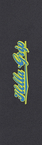 The Hella Grip Classic Stunt Scooter Griptape in blue and yellow features diagonally stylized "Hella Grip" text on a dark, premium silicone carbide grit surface.