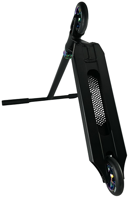 The Union Dot Complete Stunt Scooter by Union in black/neochrome stands upright on one wheel with angled handlebars and a perforated deck. Its wheels have a metallic, iridescent finish. The background is plain white.