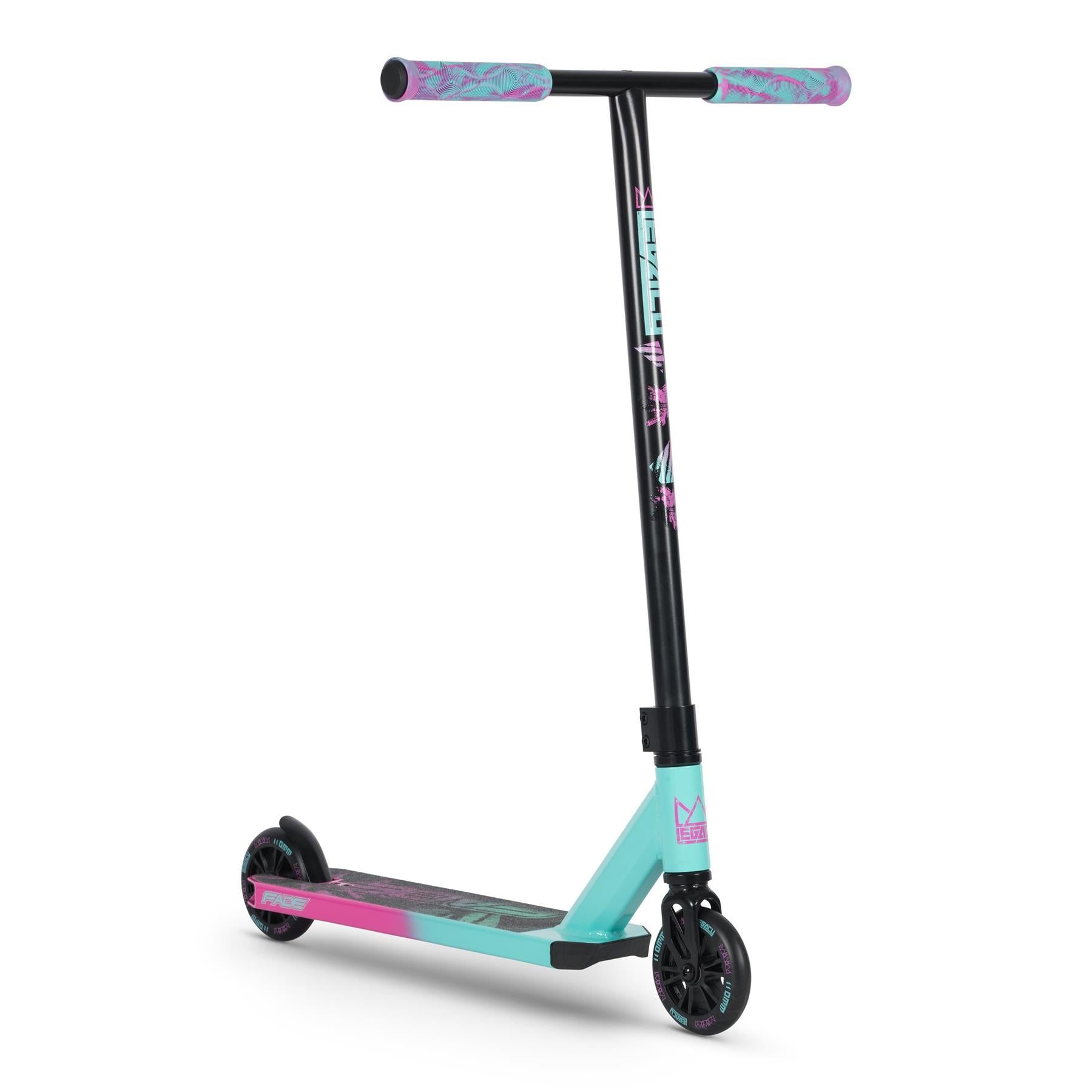 The Legacy Fade Complete Stunt Scooter by Legacy features a black T-bar, purple and blue grips, a teal and black deck with pink accents, and black wheels—perfect for beginners learning new tricks at the skatepark.