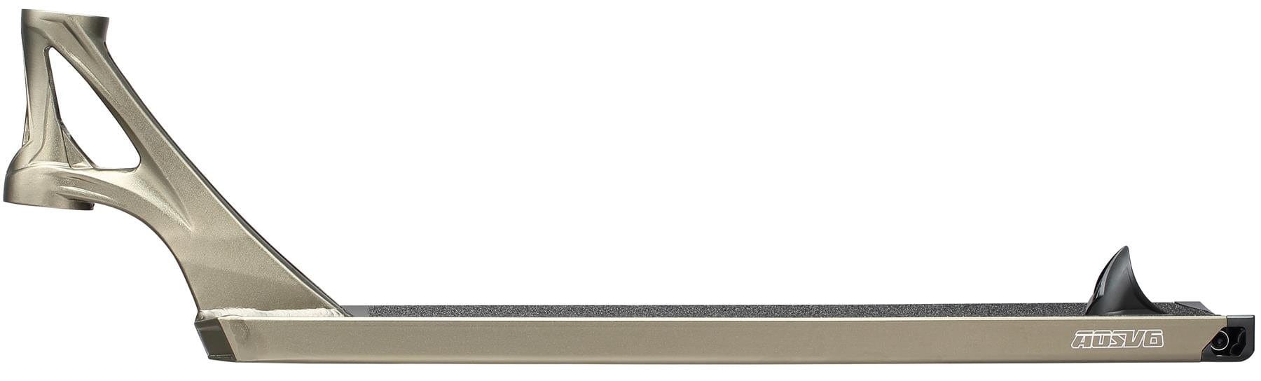 The Blunt Envy AOS V6 Squad Olive Stunt Scooter Deck (6" x 22") features a metallic finish, textured black grip, open triangular rear cutouts, and a raised angled back—ideal for intense rides.