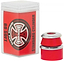 A transparent plastic container labeled "Independent Standard Cylinder Red Skateboard Bushings - 88A" contains urethane formula red skateboard bushings. Next to the box is a pair of cylindrical bushings accompanied by silver-colored washers, completing the set from Independent.