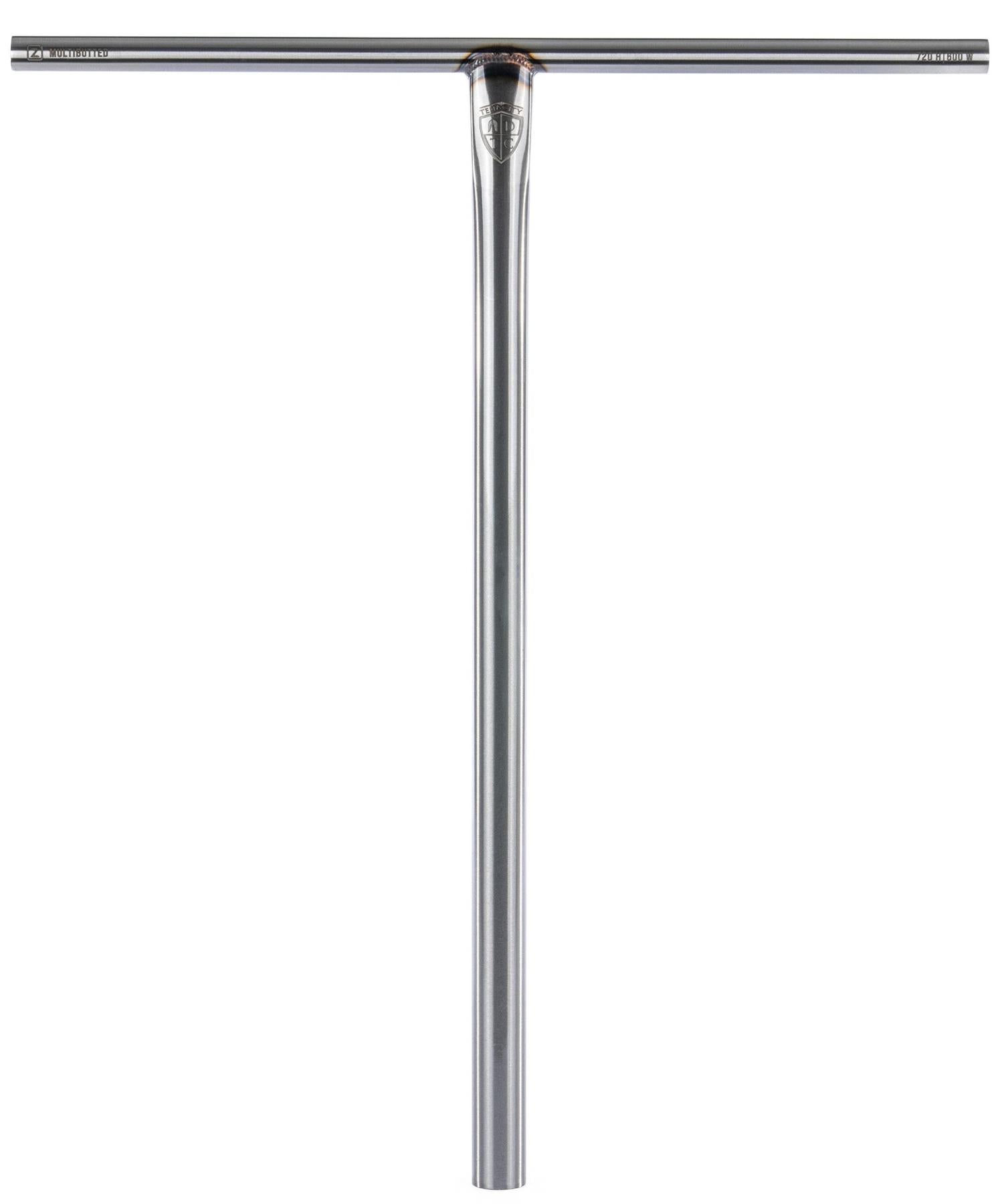 The Ethic DTC Tenacity V2 Steel Oversized HIC Stunt Scooter T-Bars in raw (620mm x 600mm) feature a vertical stem, horizontal crossbar, and small joint logo. These lightweight Ethic bars are shown against a white background.