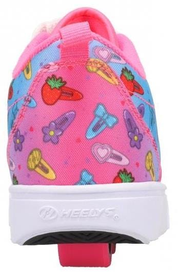 The Heelys Pro 20 X2 Girls Shoes in pink and cyan by Heelys feature a playful strawberry and hair clip pattern, a nylon upper, white sole, and a visible wheel in the heel for easy rolling. Shown from the back.