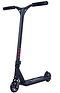 A lightweight Longway Kaiza Complete Pro Stunt Scooter – Black, with a T-shaped handlebar and small black wheels, features the Longway name in red on the neck and white on the deck—ideal for skatepark tricks.