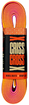 Criss Cross X Derby Laces Quad Roller Skate Laces in pink and yellow feature grip-enhancing wax and come with a black, red, and cream label reading "CRISS CROSS" and "Riedell Skates x Derby Laces." Perfect for stylish roller skaters.