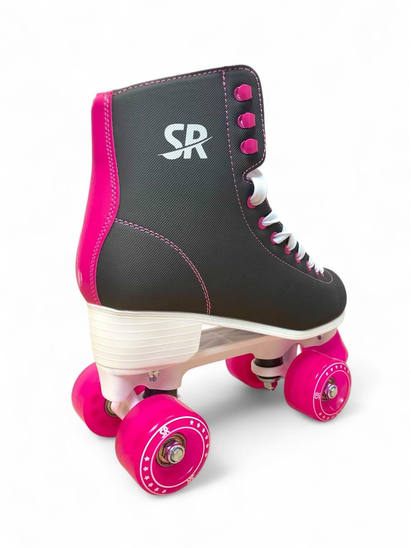 The Supreme Malibu Quad Roller Skates - Black/Pink feature white laces, pink wheels, and "SR" in white on the side—ideal beginner skates for those new to roller skating.
