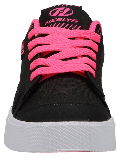 The Heelys Digilo Nylon Girls Shoes in black and pink feature bright pink laces, a white sole, low-profile wheels, and a bold pink Heelys logo on the tongue for classic style and smooth riding.