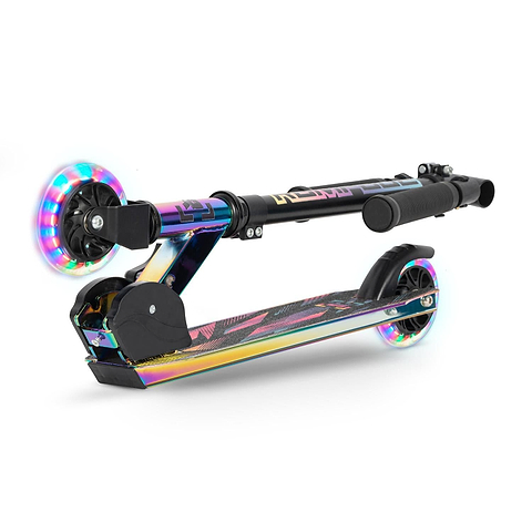 The Rampage Light Up Foldable Kick Scooter - Neochrome / Black features a shiny iridescent frame, LED wheels, and folds for easy carrying or storage.