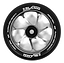 Close-up of a Slamm Team 110mm Stunt Scooter Wheel - Silver, showcasing its aluminum core with six spokes and a black rubber exterior. It features high-rebound PU construction, with the text on the wheel reading "Super High Density 110mm 88A.