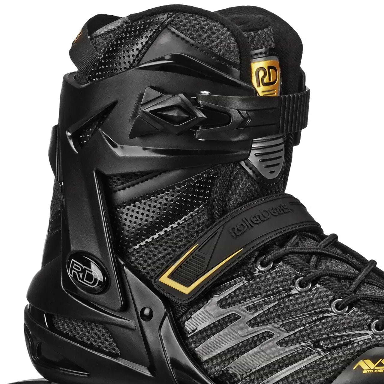 Close-up of the Roller Derby Aerio V2 Q-60 Men's Inline Skates in black/gold, showing textured mesh panels, laces, adjustable plastic ankle support with RD branding, and 80 mm Elite speed wheels.