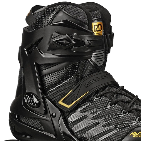 Close-up of the Roller Derby Aerio V2 Q-60 Men's Inline Skates in black/gold, showing textured mesh panels, laces, adjustable plastic ankle support with RD branding, and 80 mm Elite speed wheels.
