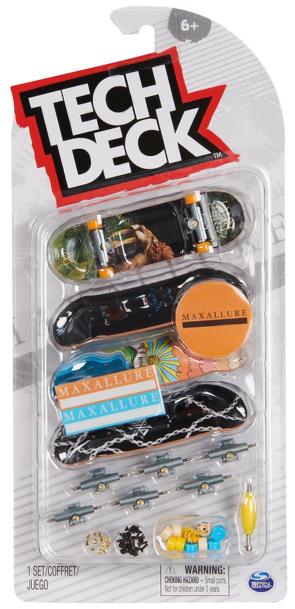 The Tech Deck M01 Deluxe 4 Pack Fingerboards - Maxallure includes four branded fingerboards, extra wheels, tools, nuts, bolts, and grip tape. Packaging shows age 6+ and a small parts choking hazard warning.