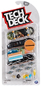 The Tech Deck M01 Deluxe 4 Pack Fingerboards - Maxallure includes four branded fingerboards, extra wheels, tools, nuts, bolts, and grip tape. Packaging shows age 6+ and a small parts choking hazard warning.