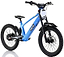 The Revvi 20" Kids Electric Balance Bike in blue, displayed on a white background, showcases durable off-road rubber tires, a black seat and handlebars, and a front white number plate. The brand "Revvi" is prominently etched on its frame.
