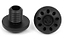 Two black cylindrical objects, one positioned horizontally and the other vertically, are made from durable materials. The top surfaces display a pattern of circular holes surrounding a central logo, similar to the Root Industries Fractal Standard Scooter Bar Ends in black. A threaded section can be seen in the side view.