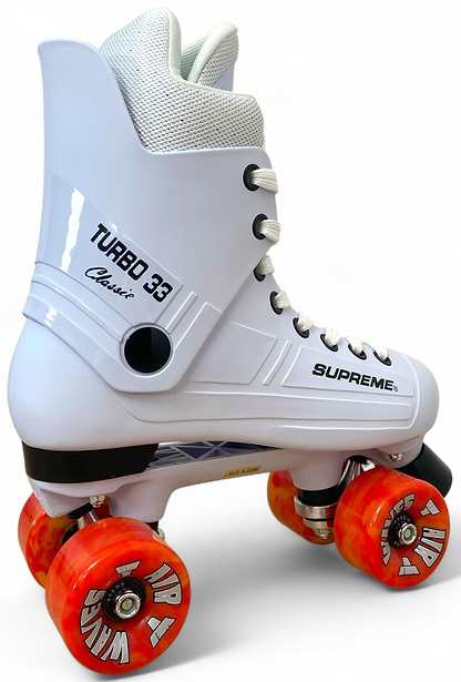 The Supreme Turbo 33 Nylon Quad Roller Skates in white feature red swirl wheels and retro styling, with "Supreme Turbo 33 Classic" on the side—echoing classic Bauer Turbo 99 design cues.