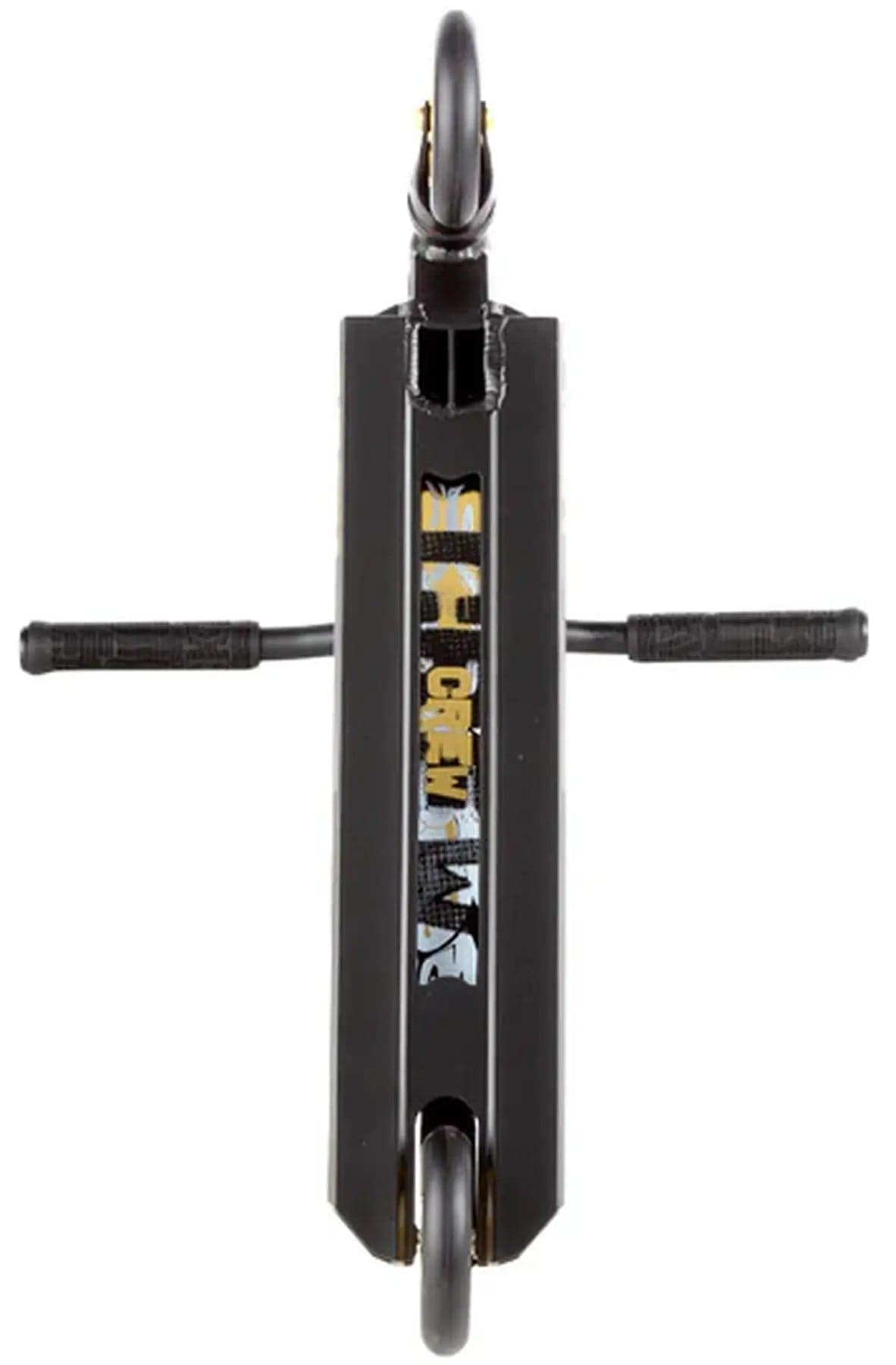 Top view of the sleek black Lucky Crew 2025 Complete Stunt Scooter in Obsidian, featuring a rectangular deck, two wheels, and handlebars with grips, adorned with a stylized graphic for an unrivaled pro scooter experience.