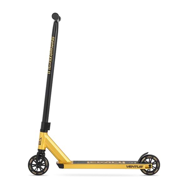 The Legacy Ventus Complete Stunt Scooter in gold and black features a black handlebar, two small wheels, and "Venture" on the deck—perfect for skatepark tricks. Shown from the side on a white background.