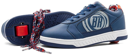 The Breezy Rollers Hero 2 Shoes - Blue feature patterned laces, white soles, a hidden patented wheel in one heel, and a gray circular "BR" logo—perfect for skating or walking.