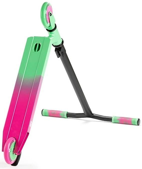 The Osprey Bomb Complete Stunt Scooter - Pink / Green, perfect for beginners, features a pink and green gradient deck, matching wheels, and black handlebars with pink and green grips from Osprey.