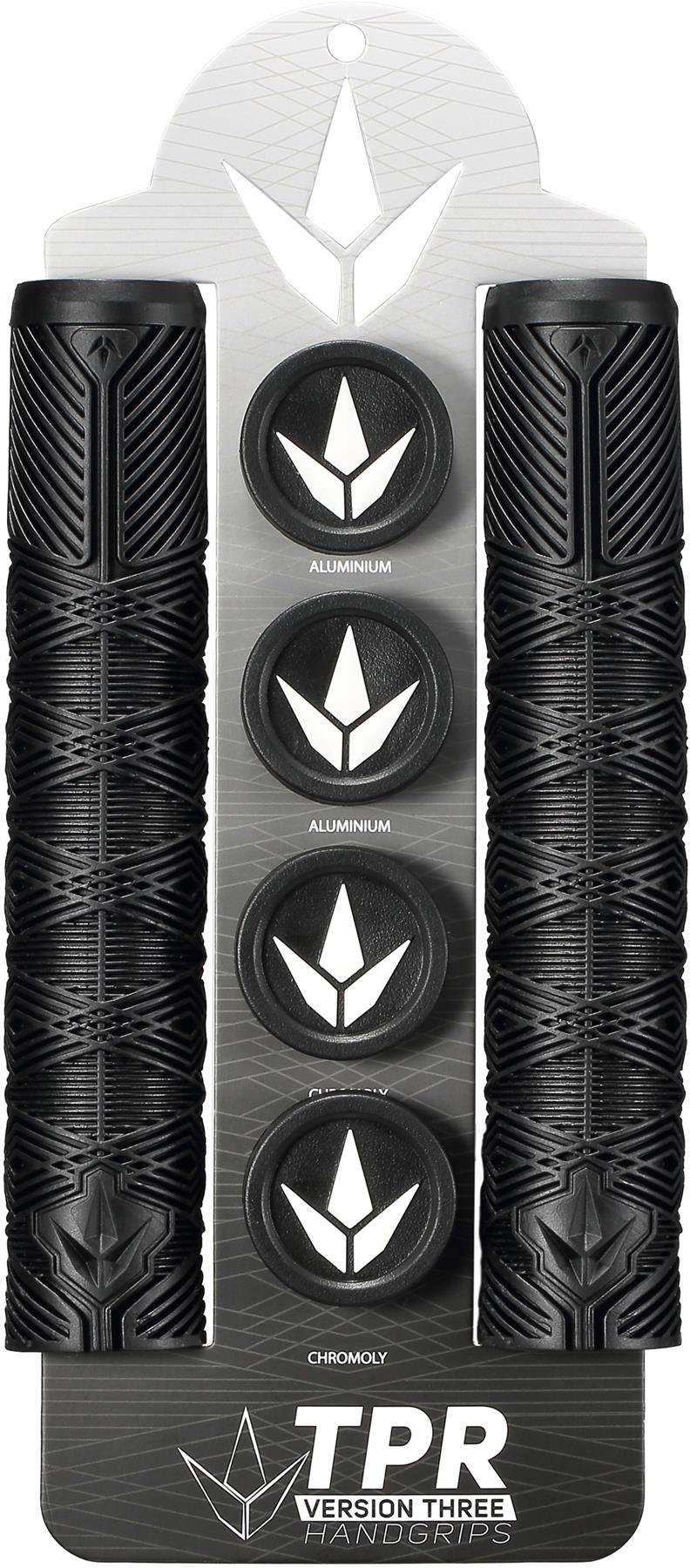Blunt Envy V3 Black Stunt Scooter Grips (160mm) come with four metal bar ends—two labeled "Aluminum" and two "Chromoly"—packaged on branded "TPR Version Three Handgrips" backing, perfect for stunt scooter riders.