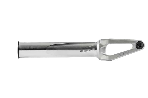 The Ethic DTC Merrow V3 SCS Stunt Scooter Fork in Raw Silver, crafted from 7075 aluminium with a cylindrical body and open triangular mount, is shown against a white background. Renowned as the lightest fork available from Ethic.