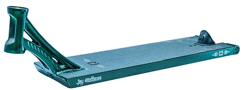 The CORE ST3 Forged Green J.Matthews Signature Street Stunt Scooter Deck (6.5" x 22.5") by CORE features a textured surface, cutout headtube, rear wheel slot, and white logo designs, shown on a white background.