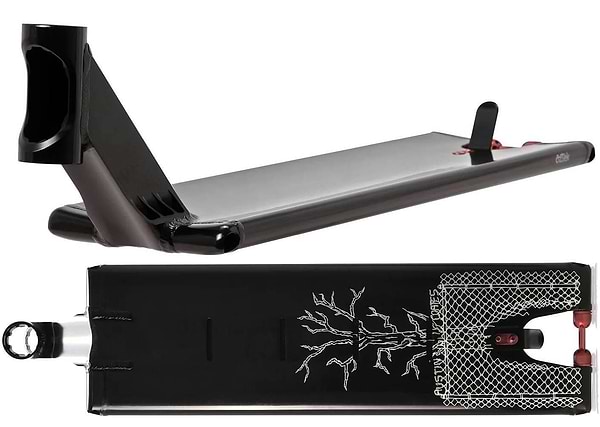 The Aztek Europa 2 Black Stunt Scooter Deck (7" x 24") by Aztek is shown from the side, displaying its sleek profile, and from the bottom, featuring a white branching root graphic with mesh accents—ideal for street riding.