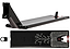 The Aztek Europa 2 Black Stunt Scooter Deck (7" x 24") by Aztek is shown from the side, displaying its sleek profile, and from the bottom, featuring a white branching root graphic with mesh accents—ideal for street riding.