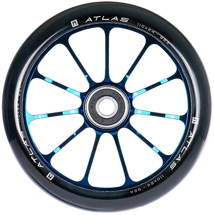 Close-up of the Ethic DTC Atlas 110mm Stunt Scooter Wheel in chrome blue, featuring a lightweight metal core with ten spokes, visible ball bearing, and "ATLAS" plus size details printed along the rim.