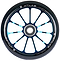 Close-up of the Ethic DTC Atlas 110mm Stunt Scooter Wheel in chrome blue, featuring a lightweight metal core with ten spokes, visible ball bearing, and "ATLAS" plus size details printed along the rim.