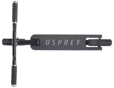 Top view of the Osprey Complete Dirt Scooter - Black by Osprey, featuring a wide deck with textured grip tape, large pneumatic wheels, and handlebar grips on both ends.