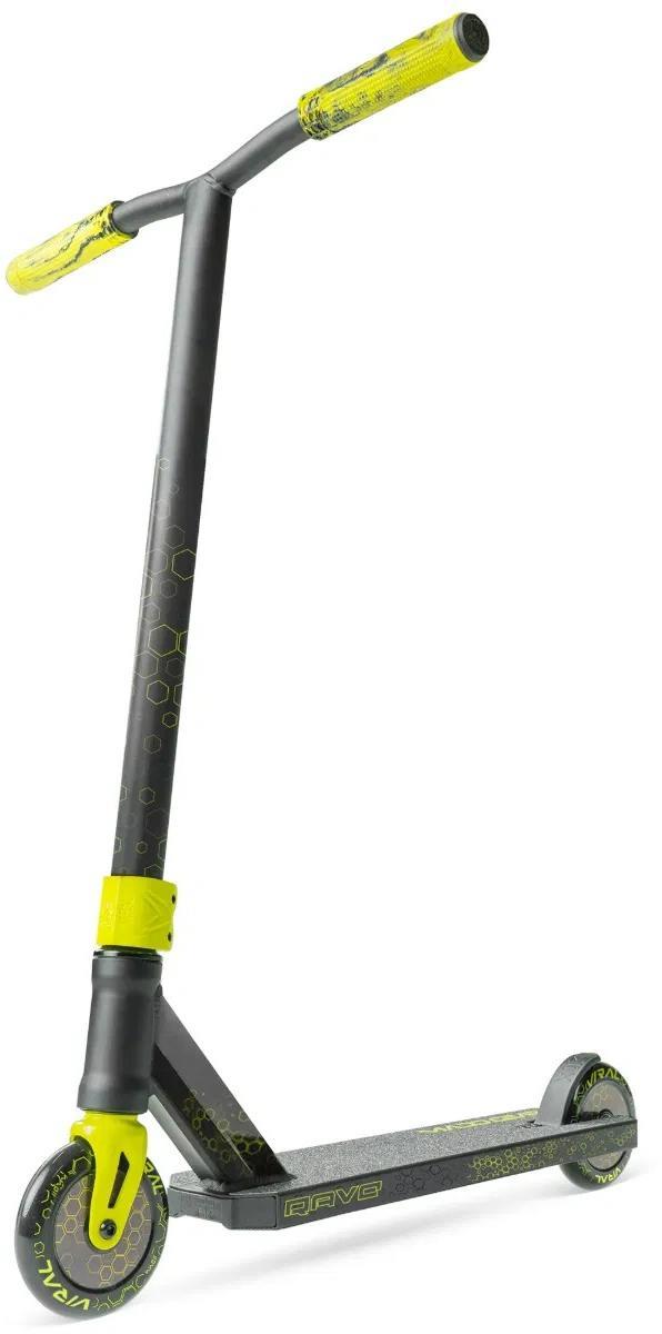 The Madd Gear Viral Rave Complete Stunt Scooter - Neon is a black and neon yellow MGP kids stunt scooter with a textured deck, small wheels, and geometric handlebar grips—ideal for tricks and fun rides.